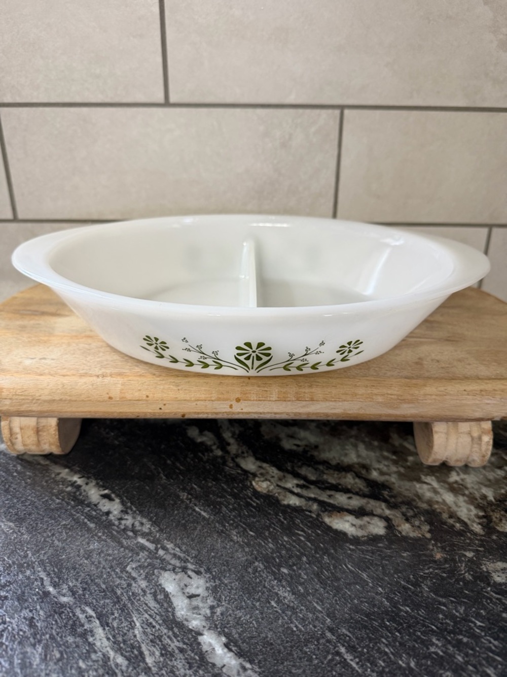 Vintage Pyrex White Divided Casserole Dish - Spring Blossom Daisy Milk Glass